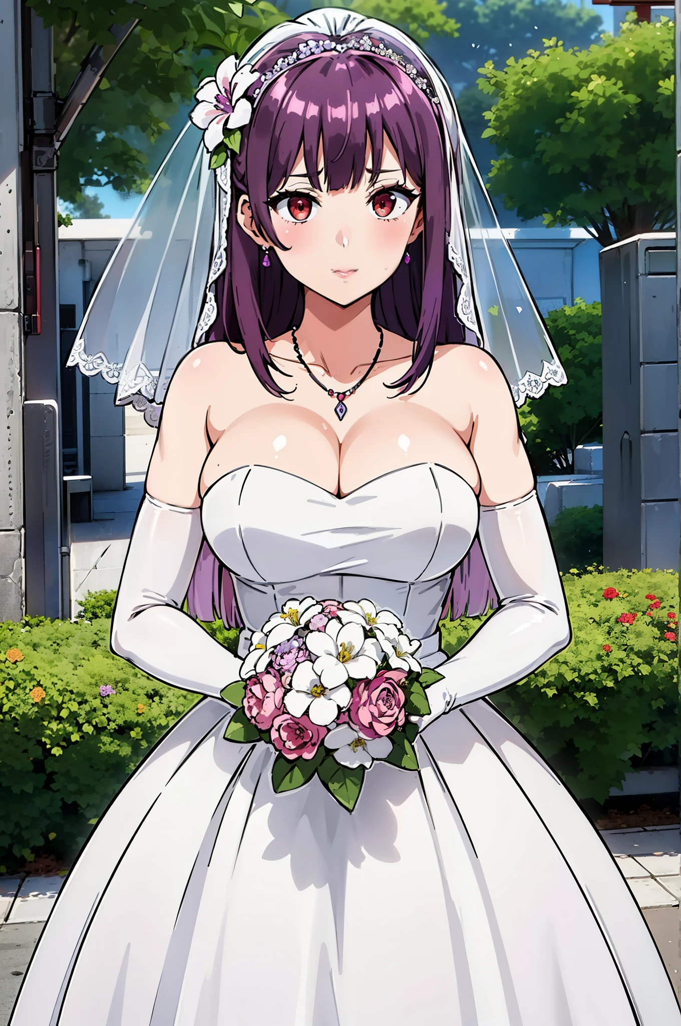 
red eyes,Bangs, purple_hair, long_hair,
 Close-up of beautiful bride in bridal dress,Gurwitz，Blushing face，Head flower，headgear，（tube top wedding dress：1.5），（silk dress：1.2）,（strapless wedding dress：1.5）,pure white dress，necklace，earrings,(large breasts:1.3)，Neck ornaments，Deep V peach heart collar wedding dress，Bangs，Bouquet，lipstick，（White long elbow gloves：1.3），(Bridal veil:1.2），（Transparent short veil：1.2），Bust photo,High detail RAW color art,Tyndall phenomenon,front，Half body