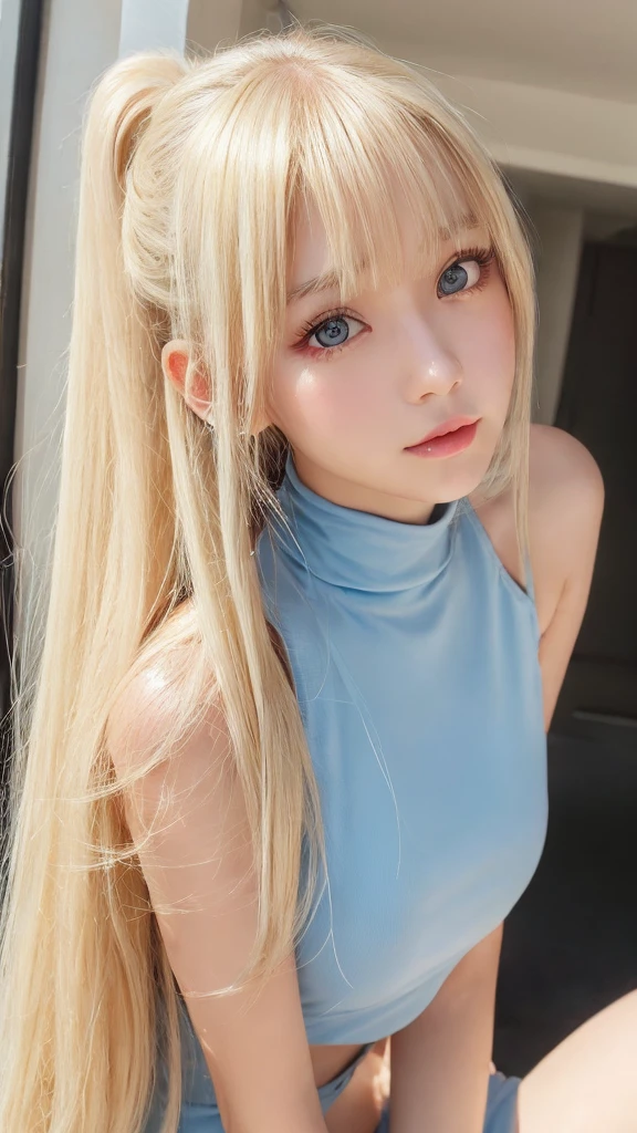 ponytail、silky white skin、sexy teen cute sexy little beautiful face、Glowing blonde dancing in front of cute face、Super long silky bangs that cover the eyes、Very beautiful bright light blue big eyes、very big eyes、blonde hiding her face、very long blonde hair、sexy cute young woman、Super long blonde shiny hair、blonde hair above the eyes、片blonde hair above the eyes、blonde between the eyes、very white bright glossy skin、cheek gloss highlight、very big bust