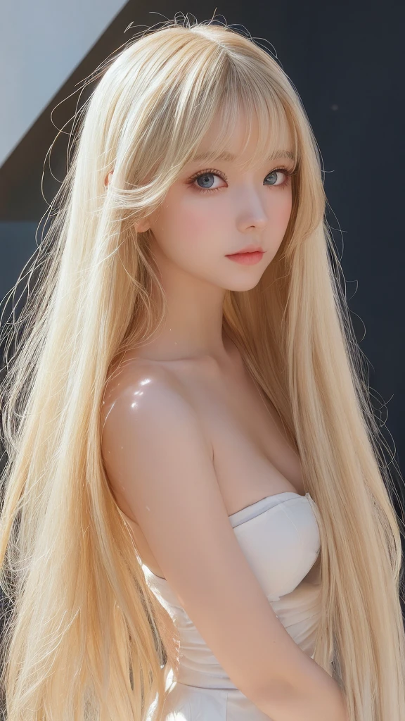 ponytail、silky white skin、sexy teen cute sexy little beautiful face、Glowing blonde dancing in front of cute face、Super long silky bangs that cover the eyes、Very beautiful bright light blue big eyes、very big eyes、blonde hiding her face、very long blonde hair、sexy cute young woman、Super long blonde shiny hair、blonde hair above the eyes、片blonde hair above the eyes、blonde between the eyes、very white bright glossy skin、cheek gloss highlight、very big bust