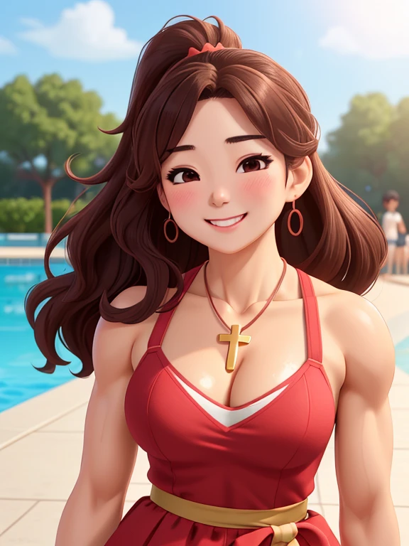attractive korean woman, ripped muscle, muscular body, small breast, pale skin, smile(blush), sundress, cross necklace, sixpack abs, [ultra detailed skin:1.2], brown hair, wavy hair, 8k uhd, full body, crowd, public, poolside, standing,