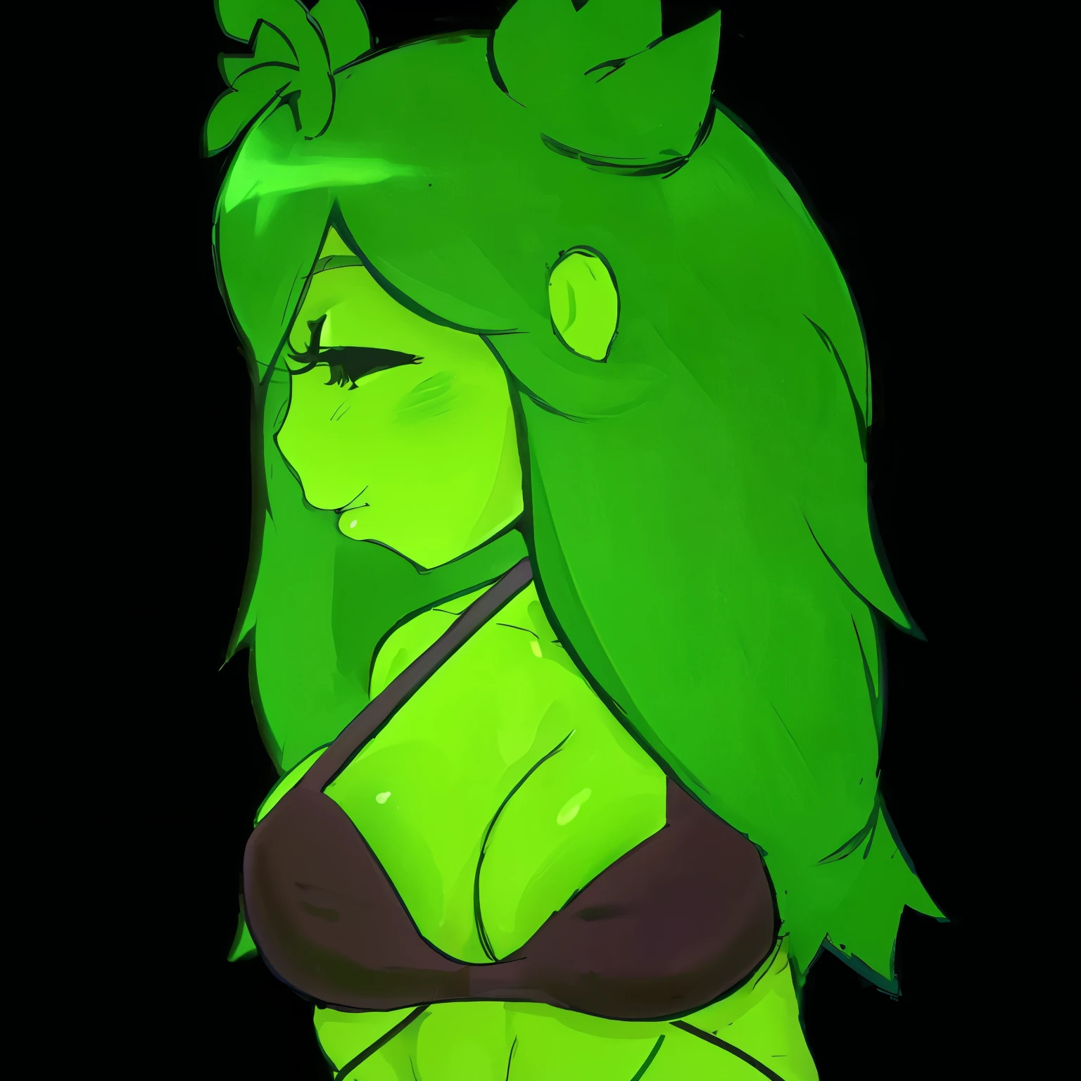 una mujer de dibujos animados con cabello verde y un bikini negro, cell shaded adult animation, piel de color verde!!, piel de color verde, cel - shading art style, piel verde!, sombreado de celdas, lucio como mujer, mujer humanoide reptil caliente, aura brillante a su alrededor, abriendo las piernas, cuerpo completo
