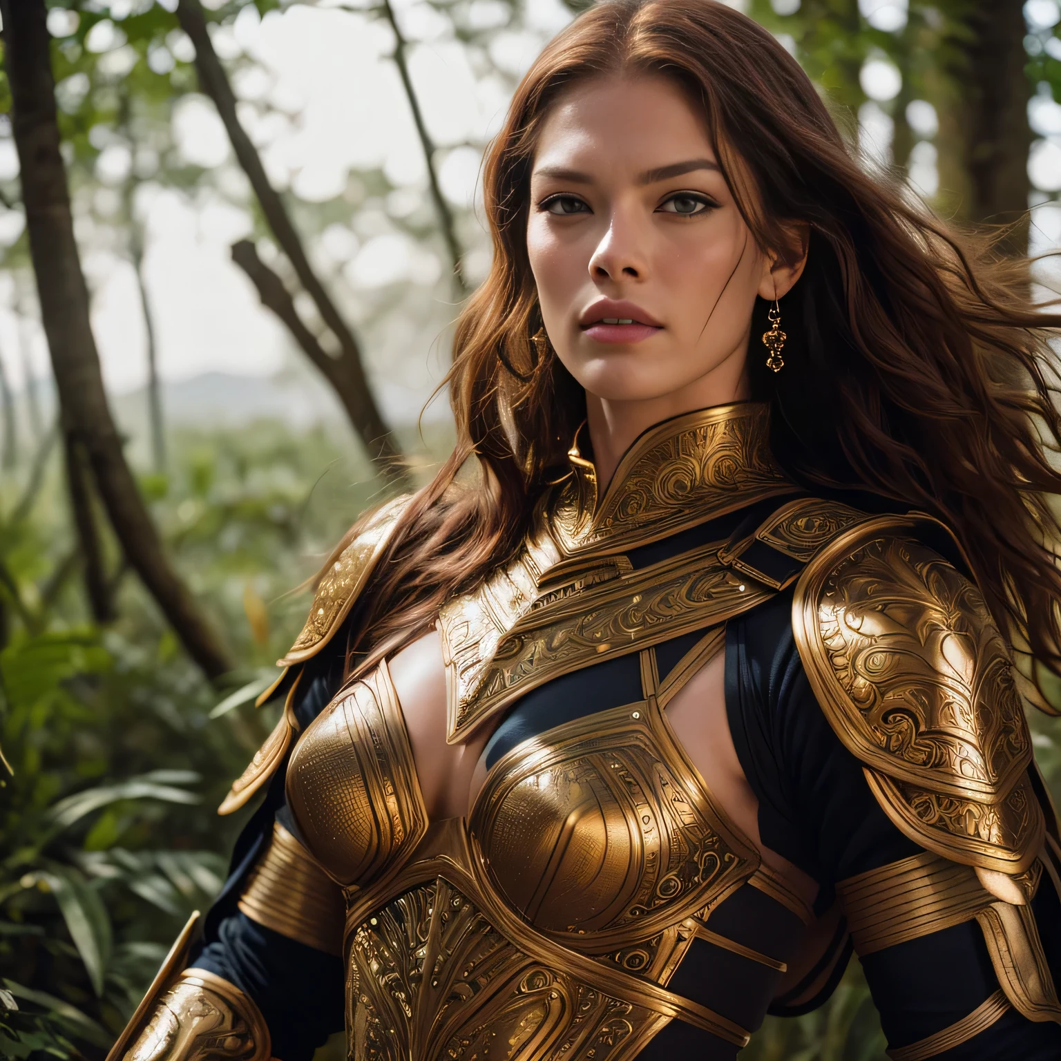 (a beautiful angelic amazonianwarrior princess,perfect body,extremely detailed face and eyes,long flowing hair,wearing intricate golden armor,posing heroically,cinematic lighting,dramatic clouds and scenery,epic fantasy landscape,highly detailed,photorealistic,8k)