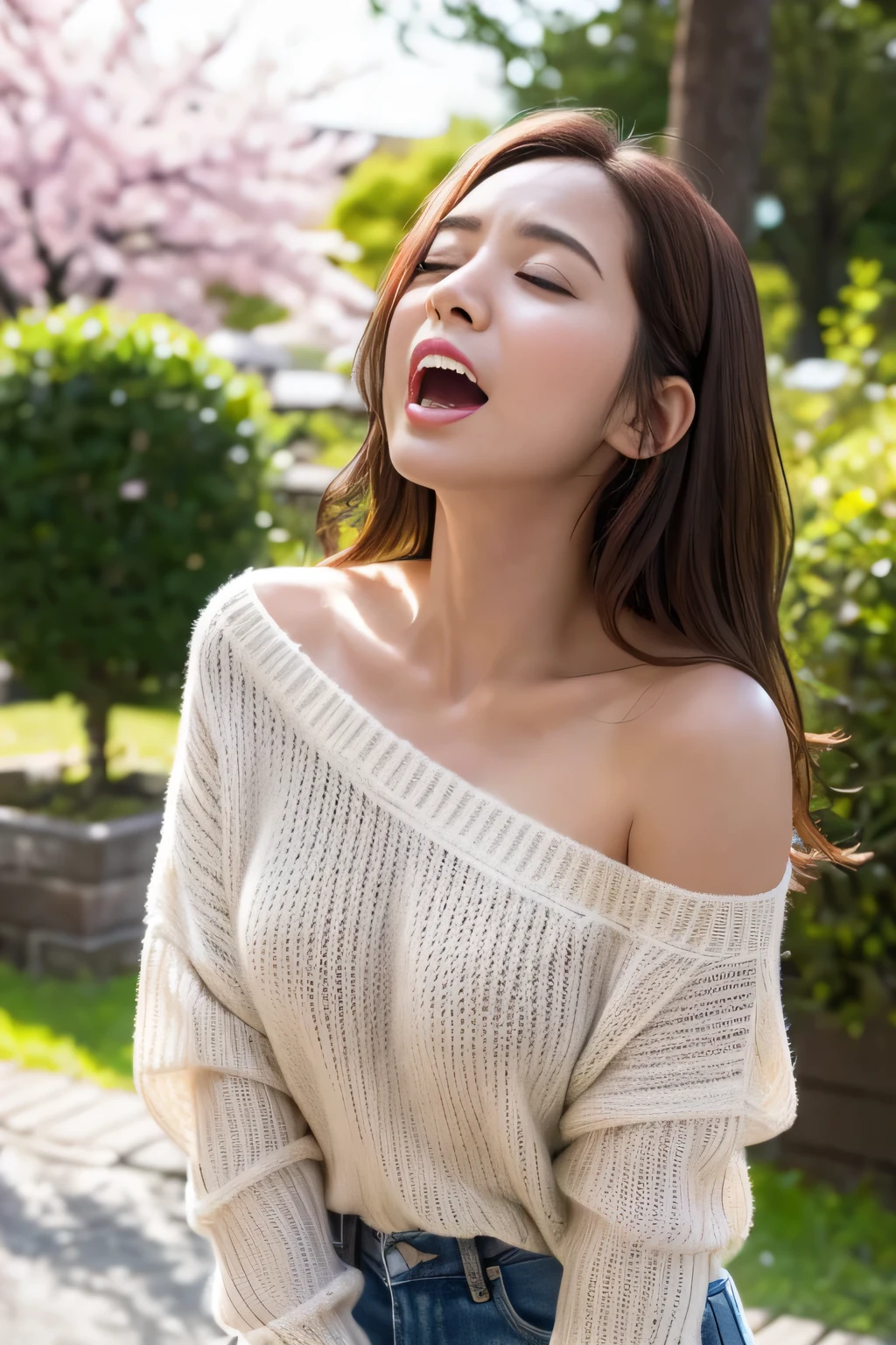 (((Highest image quality、highest quality、At 32K、ticker、Raw photo、very clear image、very clear image quality、photorealistic))),Scenery of scattered cherry blossoms，Beautiful 20s shoulder length sweater，lace pantyhose, white top and bottom underwear, random color，long sweater，Climax、Climax、My pussy feels good、Raw photo with both eyes closed, cute face、body、Esbian、One camisole、looking up、plus size model、Feeling ecstasy、eyes closed、Deep sorrow、Sorrowful、look up at the sky、open your mouth、scream、 Depth of bounds written，real light，Ray tracing，OC renderer，UE5 renderer，super photographic，best quality，In 8K，works of masters，correct anatomy.Put your hand on your crotch 1.5、I feel very、