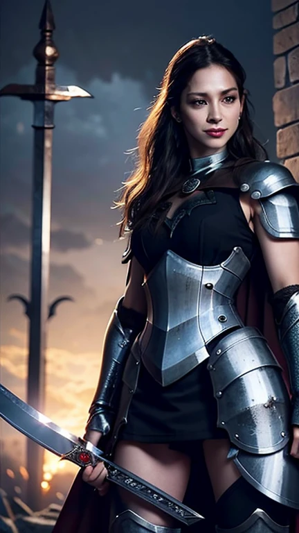 Extremely detailed CG unity 32K wallpaper, top quality, masterpiece, raw photo, photorealistic, highest resolution, professional photo, dynamic, cinematic lighting, (fantasy:1.4), sharp focus, depth of field, (perfect body, correct anatomy:1.5), intricately detailed face, expressive face, POV, (from front:1.3), 1 girl, ((evil witch:1.4)), solo, cowboy shot, black hair, SINGLE hair bun, ultra-realistic skin, bright and dark eyes, beautiful nose and lips, (evil smile:1.1), ((steel armor:1.5)), ((perfect body proportion:1.4)), slender, medium breast, (black cape:1.4), (holding a long sword with magical power:1.5), standing, using witchcraft, outdoor, evening, abandoned castle,