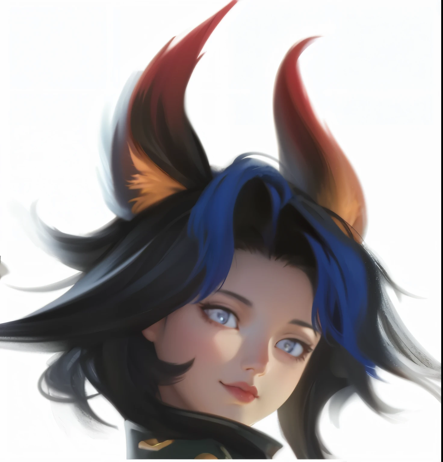 {{{{{best texture}}}}, high quality, ultra high definition, 8k, girl,red gradient fox ears,oval face,Warm base light, Super detailed face, blue eyes,White skin, long blue hair,short black hair, flowing hair, Very detailed, high detail, Ultra-clear,no background.