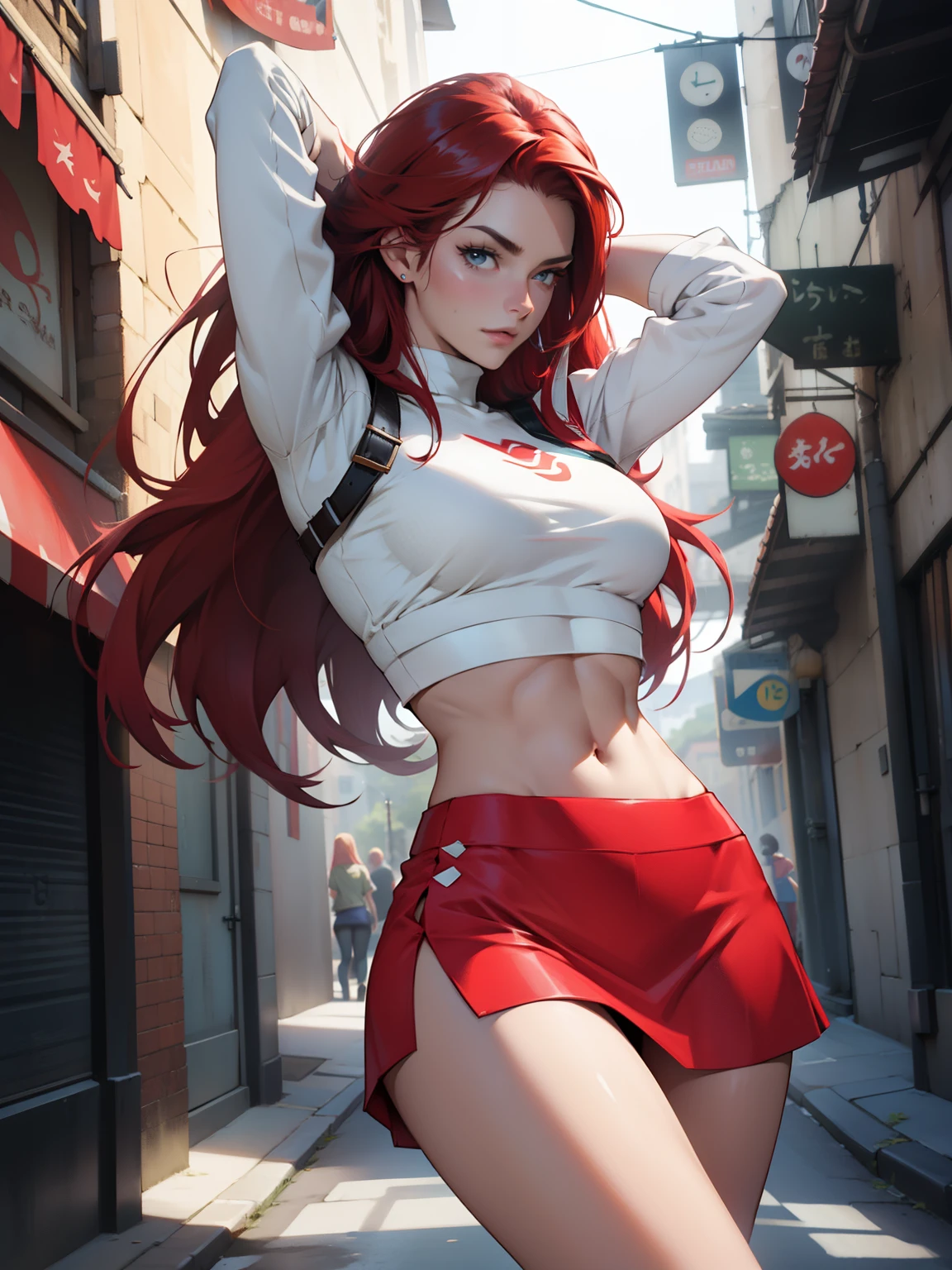 Photo, Best quality, high resolution 8k,most beautiful teenager,19 years old, white skin, ultra detailed, European, long hair, red hair,hair combed back,perfect body, exuberant exotic, erotic, slender arms, big breasts, narrow waist, slim thighs, thigh gap, very well detailed, tightmini skirt, crop top, Jessie pokemon,