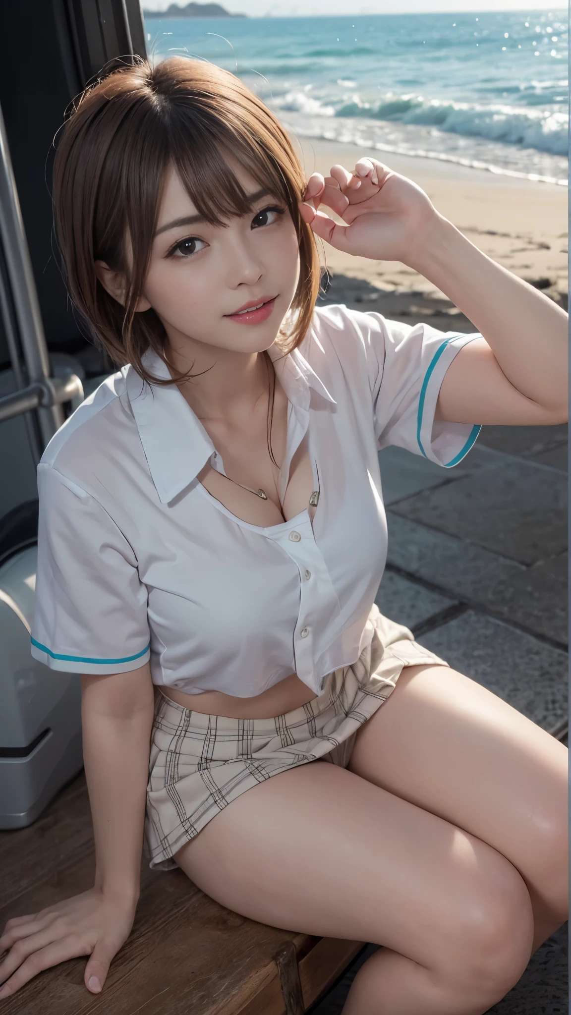 table top, highest quality, Photoreal, finely, High resolution, 8k wallpaper, perfect dynamic composition, sharp focus, surreal, beautiful and fine eyes, medium hair, big and full , random  poses,  to , (colorful o-neck knit tank top, wide open cleavage:1.4, High cut pantier east bulge:1.2,(emphasize cleavage, Tank top with a clear view of the :1.3)), laughter, open your mouth, resort scenery, 25 years old, (drooling eyes:1.4),  beauty, Japanese,  chain necklace, big earrings, Photographed from the front