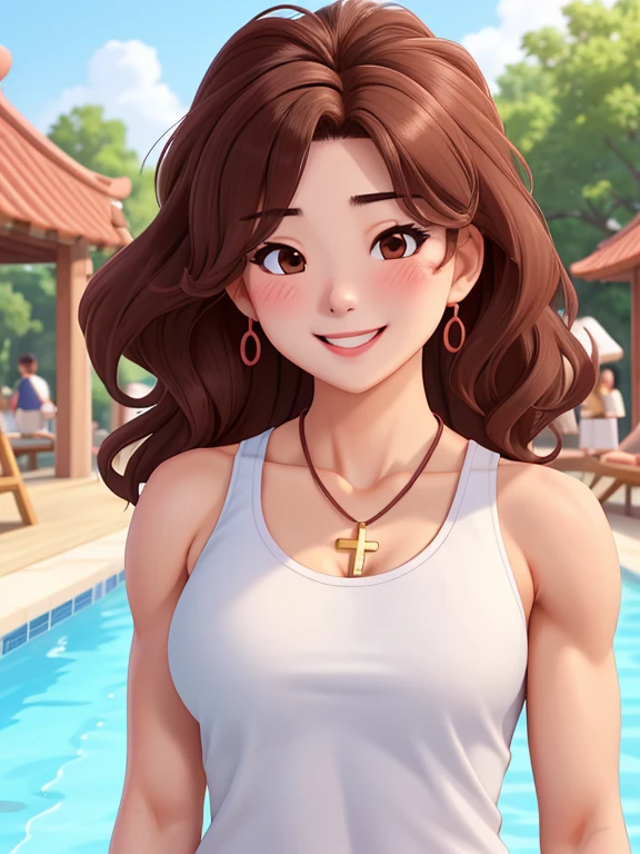 attractive korean woman, ripped muscle, muscular body, small , pale skin, smile(blush), tanktop, cross necklace, sixpack abs, [ultra detailed skin:1.2], brown hair, wavy hair, 8k uhd, full body, crowd, public, poolside, standing,