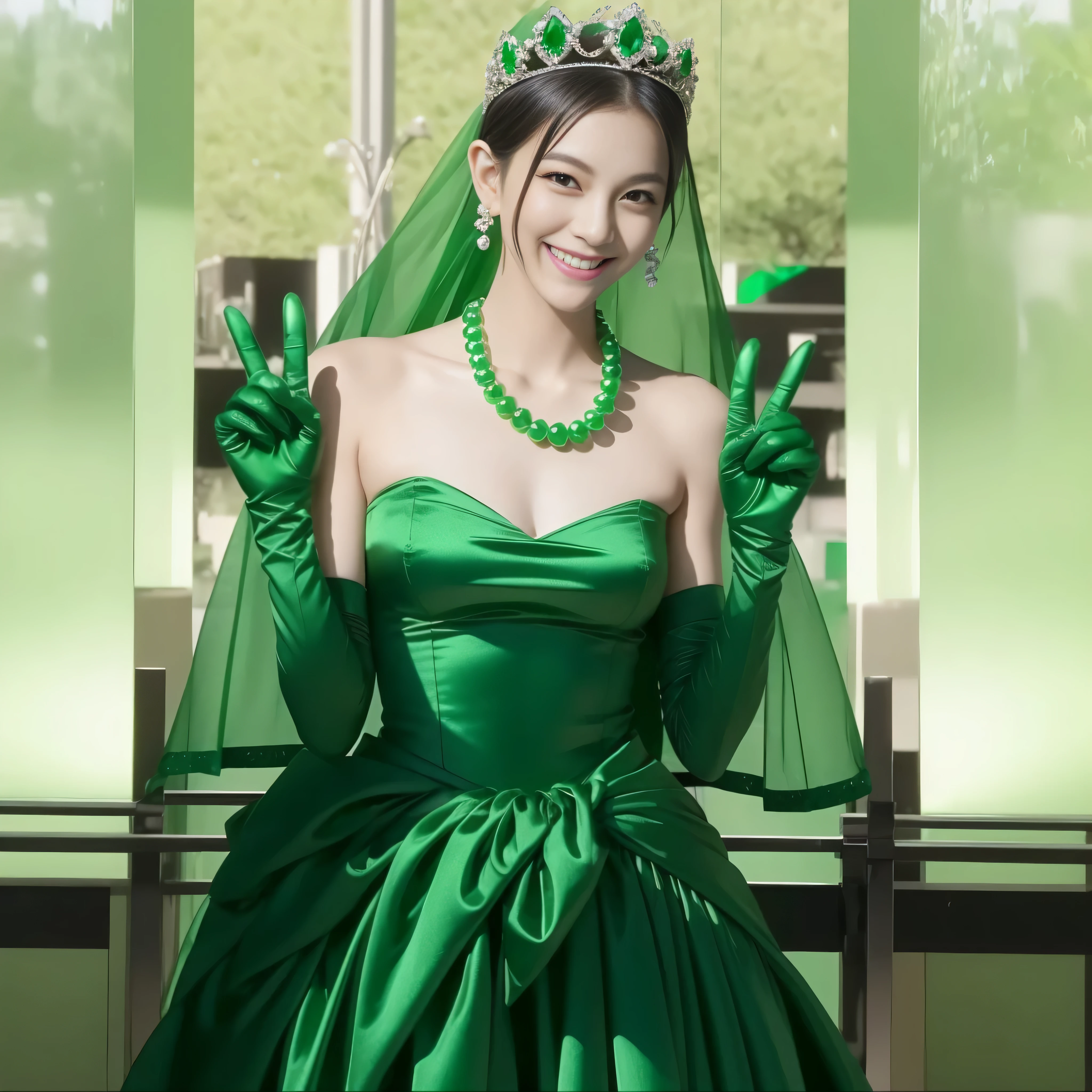 emerald tiara, green pearl necklace, boyish very short green hair, lipstick, smiling Japanese woman, very short hair, Big beautiful, green eyes, Long Green Satin Gloves, green eyes, V sign, emerald earrings, green veil, 両手でV sign, five fingers