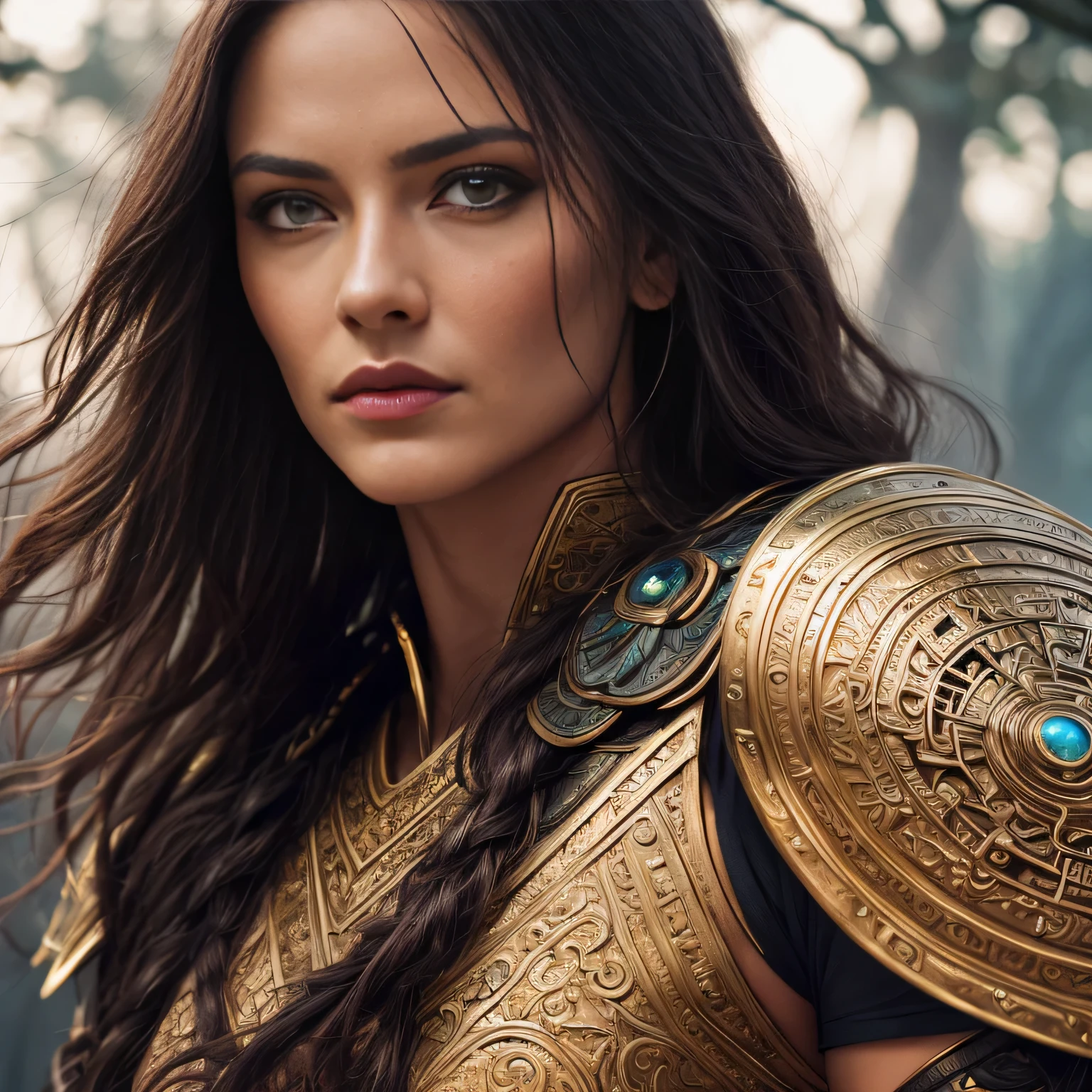 Masterpiece, a beautiful Amazon warrior, (lady sif), high detail plate armor, filigree, small breasts, (strong muscular body), (short brown matted hair), legantasy battlefield background), wartorn environment, magical war, HD, (skin texture:1.1), best quality, ultra high res, (photorealistic: 1.4), Raw photo, by Ellen von Unwerth, Nikon D850 Film Stock Photography, F1.6 Lens, Rich Colors, Realistic, Cinestill 800, backlight, rimlighting, studiolighting, sunlight, close-up