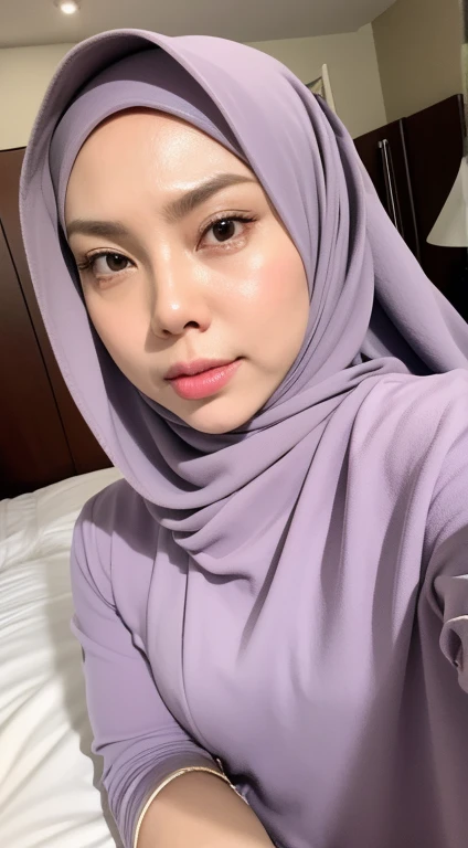 Beautiful fair skin matured malay girl in hijab lying on bed angry, 50 years old, milf, angry pose, angry face, ultra detail face, detail skin texture and wrinkle, hotel room, evening, wearing hijab, lilac color hijab, nude, small breast, wide waist, thick thighs, bright lighting, white lighting, dramatic lighting, high quality, cinematic movie shot angle and framing, weeding ring, bracelet and watch, nsfw, show pubic hair, show vagina, seductive face,