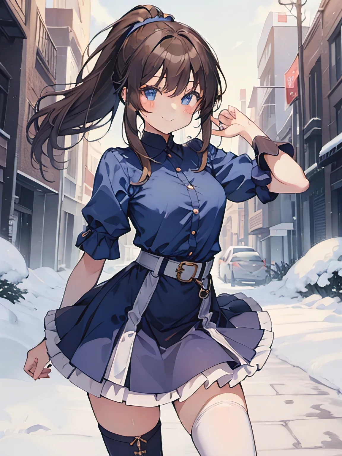 highest quality、very delicate and beautiful、age girl、small breasts、((((solo girl))))、11 year old girl、(dark brown hair)、Blue clothes with vertical buttons、Belt at waist、white skirt、((ponytail))、(white hair band)、(brown boots)、blue eyes、Are standing、lazy smile、