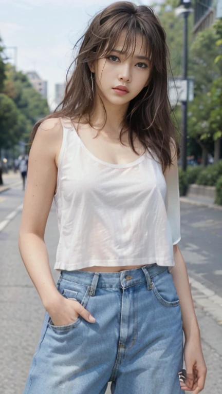 Female sexy、blonde hair, dark tan skin, crystal blue eyes, White tank top、Long denim pants、In the park in the morning