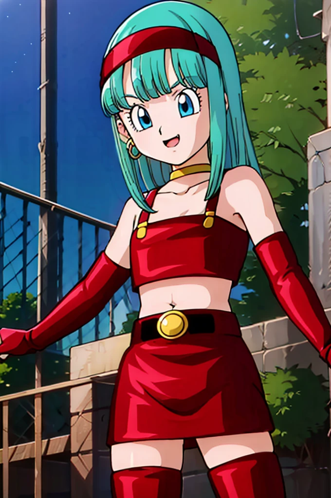 1 girl, solo, bulla, aqua hair, blue eyes, red hairband, hoop earrings, gold choker, bare shoulders, red leather crop top, midriff, belt, red elbow gloves, red leather skirt, red thigh boots, being seductive, standing up, balcony, daylight, high quality, masterpiece, close up, happy 