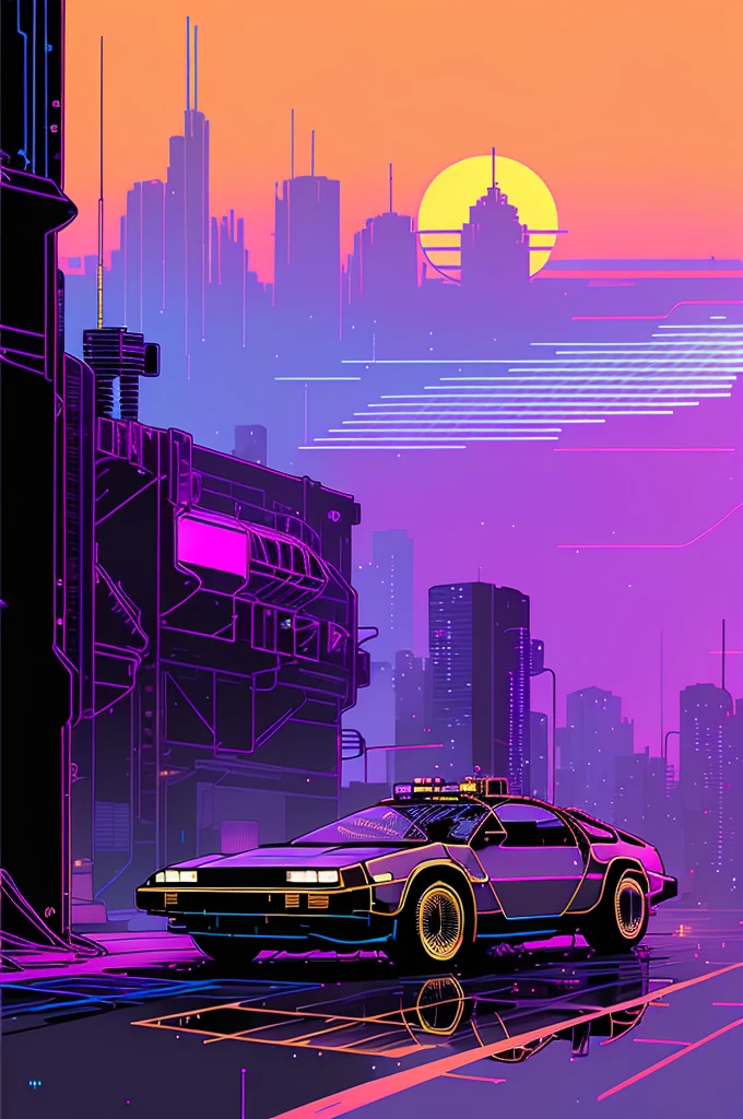 (nvinkpunk:1.2) (snthwve style:0.8) delorean flying, lightwave, sunset, intricate, highly detailed