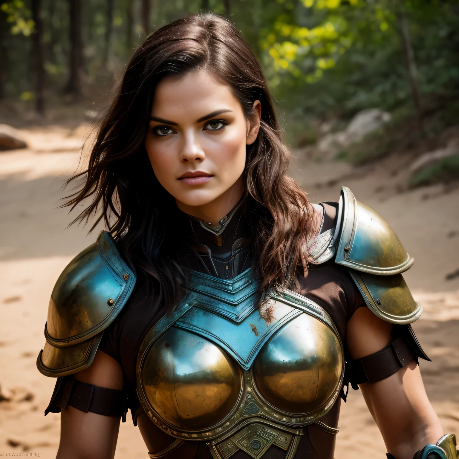 Masterpiece, a beautiful Amazon warrior, (Jaimie Alexander), high detail plate armor, filigree, small breasts, (strong muscular body), (short brown matted hair), legantasy battlefield background), wartorn environment, magical war, HD, (skin texture:1.1), best quality, ultra high res, (photorealistic: 1.4), Raw photo, by Ellen von Unwerth, Nikon D850 Film Stock Photography, F1.6 Lens, Rich Colors, Realistic, Cinestill 800, backlight, rimlighting, studiolighting, sunlight, close-up