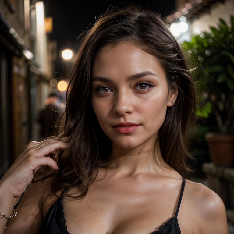 Foto plano medio de una modelo pelirroja posando en una calle parisina de noche, obra maestra, super realista, foto moda, calidad ultra, (photoRealista:1.4), cinematic lighting, luz coherente, sombras coherentes, profundidad de campo, foto cruda, 8k UHD, 1 chica, ojos detallados, piel detallada, Realista, pelo colorado, topknot, pelo largo, lipstick, joyas, al aire libre