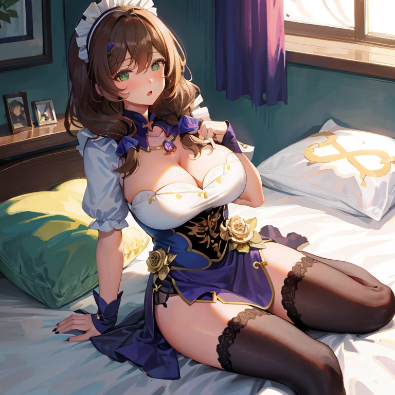 Lisa, genshin impact, 1 girl, alone, huge breasts, big breasts, cleavage, hair between eyes, messy hair, large chest, long hair, looking at the viewer, brown hair, red short nails, green eyes, alone, Thighhighs, ((masterpiece)), maid dress, maidフク, maid, skirt, stockings, ribbon, maid uniform, sitting, bedroom, bed, pillow, window, night sky, blush, shy, Close ~ eyes, open your mouth, thick thighs, adult woman, (Sleeping position), embarrassing, (put your hand on your chest),