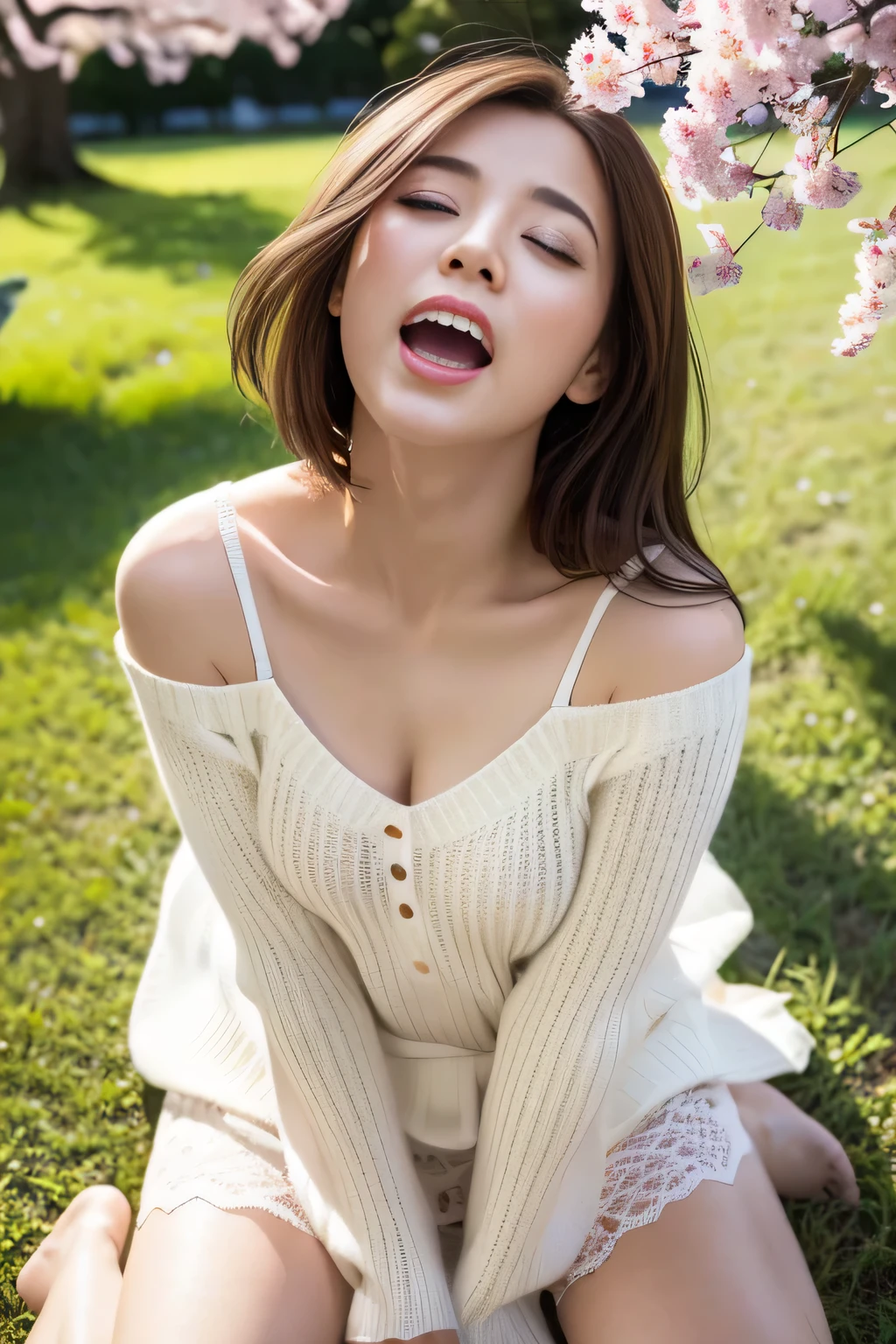 (((Highest image quality、highest quality、At 32K、ticker、Raw photo、very clear image、very clear image quality、photorealistic))),Scenery of scattered cherry blossoms，Beautiful 20s shoulder length sweater，lace pantyhose, white top and bottom underwear, random color，long sweater，Climax、Climax、My pussy feels good、Raw photo with both eyes closed, cute face、body、Esbian、One camisole、looking up、plus size model、Feeling ecstasy、eyes closed、Deep sorrow、Sorrowful、look up at the sky、open your mouth、scream、 Depth of bounds written，real light，Ray tracing，OC renderer，UE5 renderer，super photographic，best quality，In 8K，works of masters，correct anatomy.Put your hand on your crotch 1.5、I feel very、