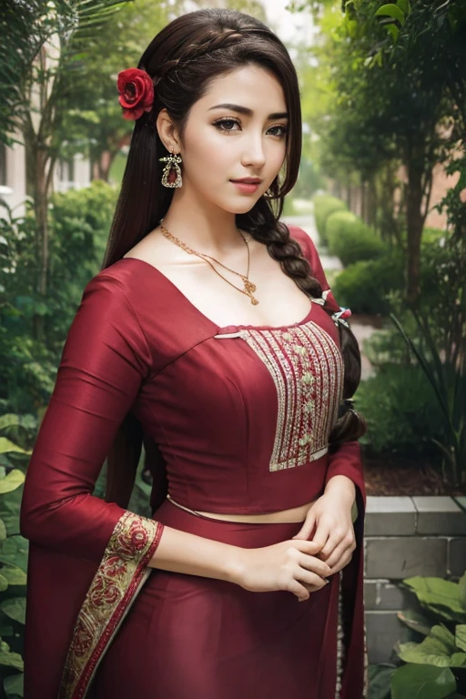 Carlotta Champagne as a beautiful young maiden, standing perfect body, large breasts, small waist, long braids hair, wearing light makeup, long eye lashes, eye mascara, wearing red Ornaments, long earrings, necklaces, happy look, walking at Garden.