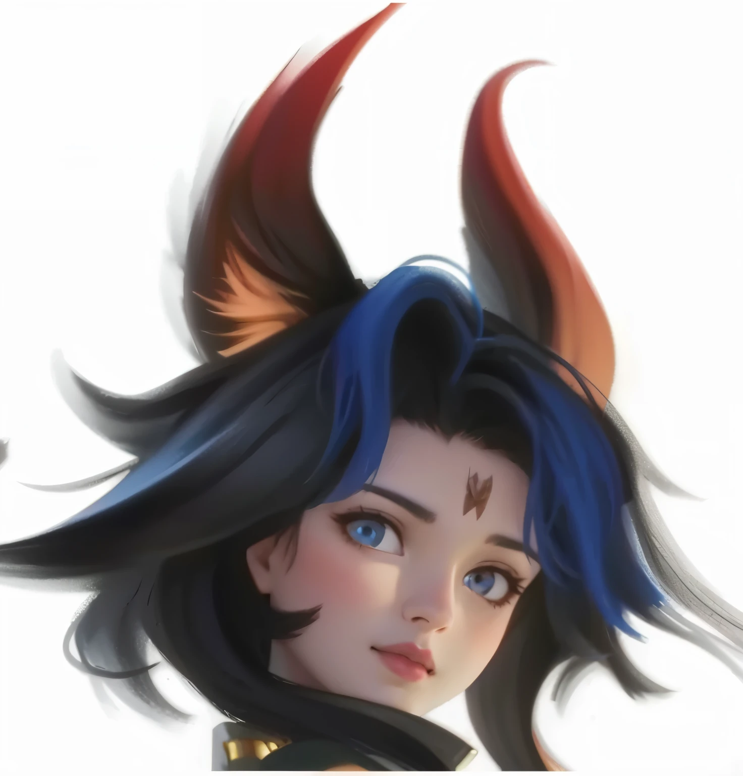 {{{{{best texture}}}}, high quality, ultra high definition, 8k, girl,red gradient fox ears,oval face,Warm base light, Super detailed face,fine hair ,blue eyes,White skin, long blue hair,short black hair, flowing hair, Very detailed, high detail, Ultra-clear,no background.