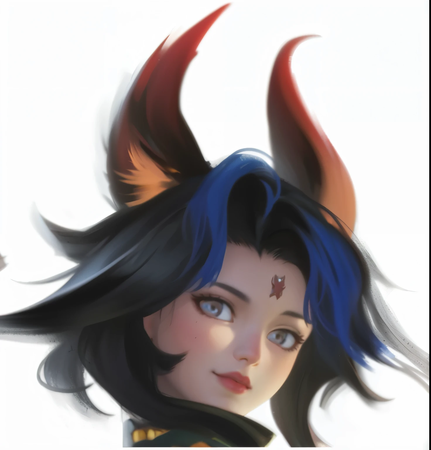 {{{{{best texture}}}}, high quality, ultra high definition, 8k, girl,red gradient fox ears,oval face,Warm base light, Super detailed face, blue eyes,White skin, long blue hair,short black hair, flowing hair, Very detailed, high detail, Ultra-clear,no background.