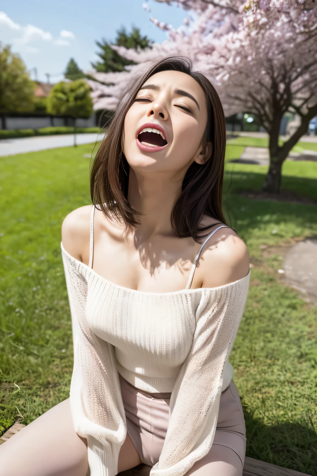 (((Highest image quality、highest quality、At 32K、ticker、Raw photo、very clear image、very clear image quality、photorealistic))),Scenery of scattered cherry blossoms，Beautiful 20s shoulder length sweater，lace pantyhose, white top and bottom underwear, random color，long sweater，Climax、Climax、My pussy feels good、Raw photo with both eyes closed, cute face、body、Esbian、One camisole、looking up、plus size model、Feeling ecstasy、eyes closed、Deep sorrow、Sorrowful、look up at the sky、open your mouth、scream、 Depth of bounds written，real light，Ray tracing，OC renderer，UE5 renderer，super photographic，best quality，In 8K，works of masters，correct anatomy、sit、Put your hand on your crotch 1.5、I feel very、Ahe face、feel ecstasy、Excited face、