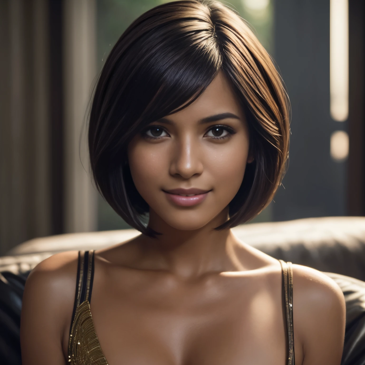 Isabela Merced, smiling, (big breasts), bob_cut hair, cleavage, black dress, twirling around, (skin texture:1.1), (high detail face:1.1), high detail body, high detail clotheasterpiece), (realistic), ultra high definition, 4k, ultra high resolution