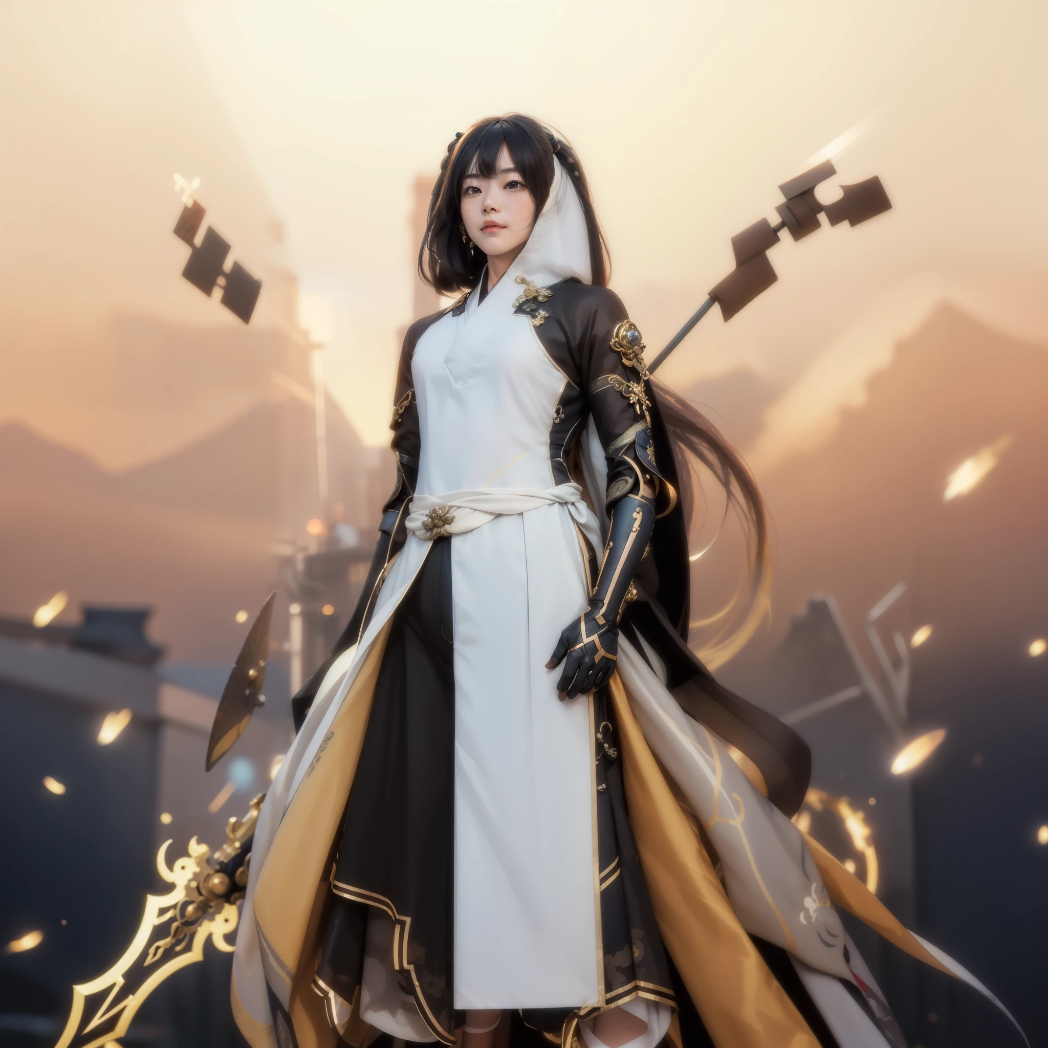((Zhongli morax_GENSHIN IMPACT)),((realistic, photorealistic)),(highlight hair)), Light reflection, (( HD )),((upper body)), (((best quality, masterpiece))), (masterpiece) (best quality) (detail) (8k) (HDR) (wallpaper) (cinematic lighting) (sharp focuasterpiece, best quality: 1.1), 1men solo, Zhongli, shadow, Particles light, background Background of sharp black clouds and mountains,back light,Zhongli Spear genshin impact