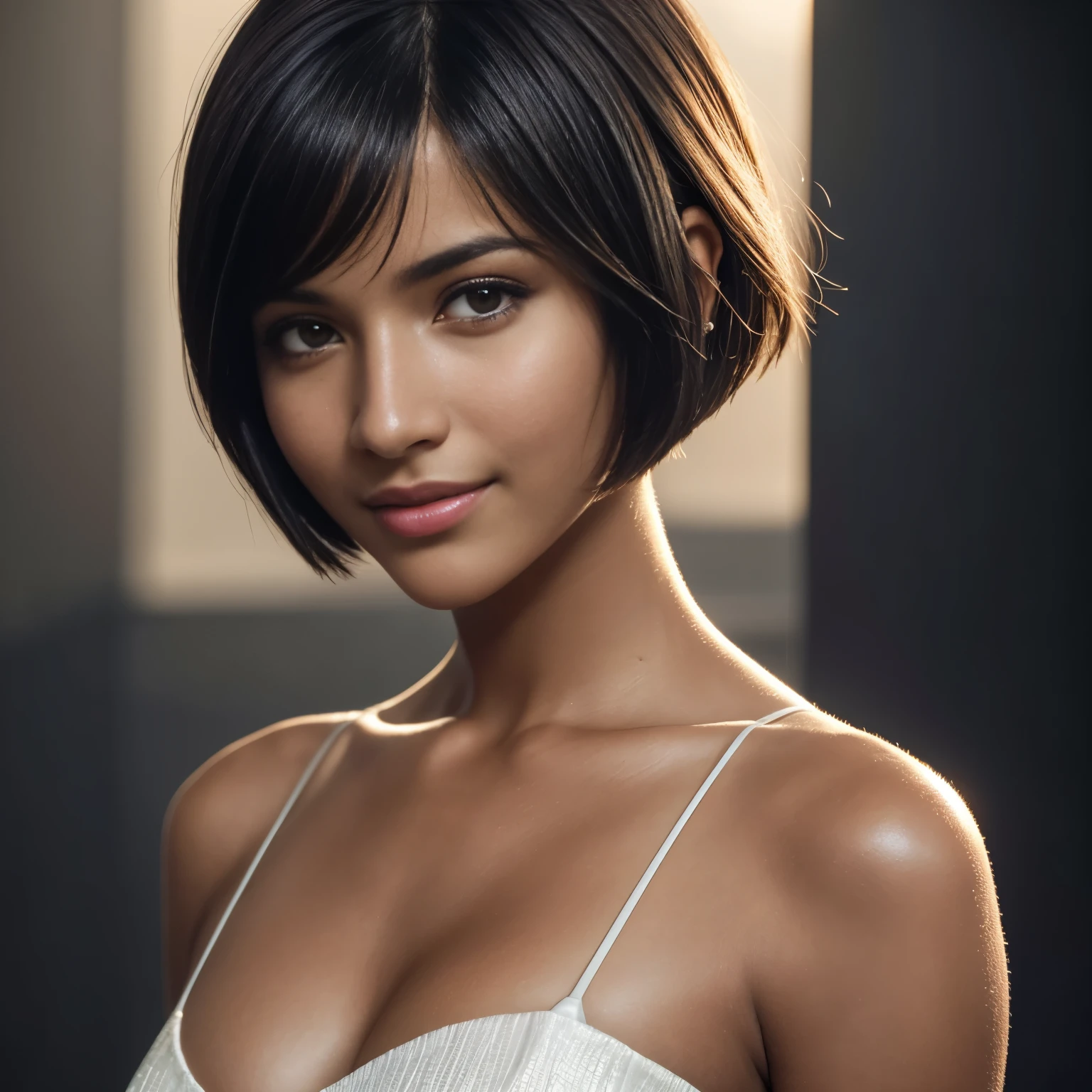 Isabela Merced, portrait photo, close-up of face, bob_cut hair, smiling seductively, (skin texture:1.1), (high detail face:1.1),high detail body, high detail clothes, (masterpiece), (realistic), ultra high definition, 4k, ultra high resolution, film grain, cinematic lighting, rim lighting, photo by Mark Mann, RAW image