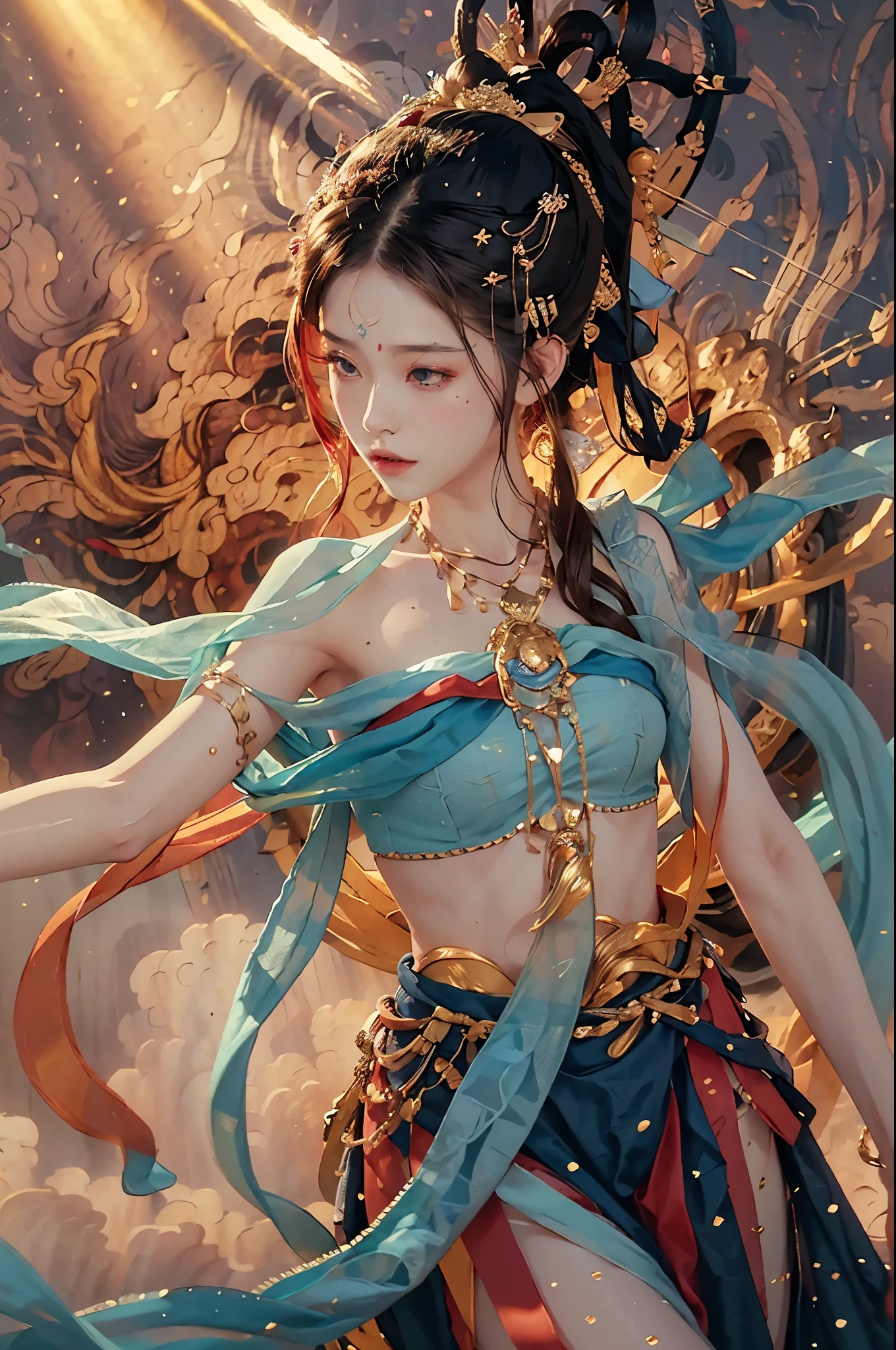 (original photo, best quality), (actual, photo-actual:1.3),best quality,Very detailed,masterpiece,Super detailed,illustration,1 girl,superior_Body,dynamic angle,world masterpiece theater,messy_long_hair,best quality,Extremely detailed CG unified 8k wallpaper,ink,Astonishing,Cinema lighting,lens_flare,,Dunhuang_style