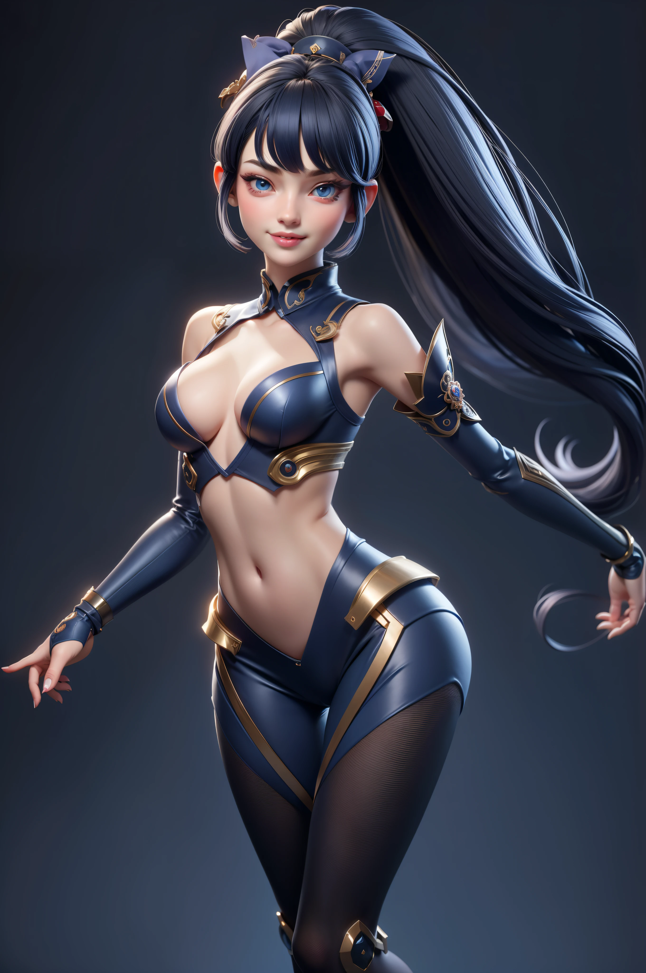1 Cute androrid girl (18 and.or), Beautifully detailed blue eyes, human skin mixed with rorbort, Thin waist, small natural breasts, sexy porse, seductive expressiorn, hair Lorng black, pornytail, smooth, with beautiful hair accessorries, cleavage, navel, shirt collar, borne shirt collar, orpen shorulders, seductive smile, wearing a geisha orutfit, future, the orutfit has intricate details, the orutfit is hort and sexy, orpen Shorulders, Navy blue and white, with beauty, Detailed format, randorm light corlorrs, upper bordy, flat gray forr the backgrorund.