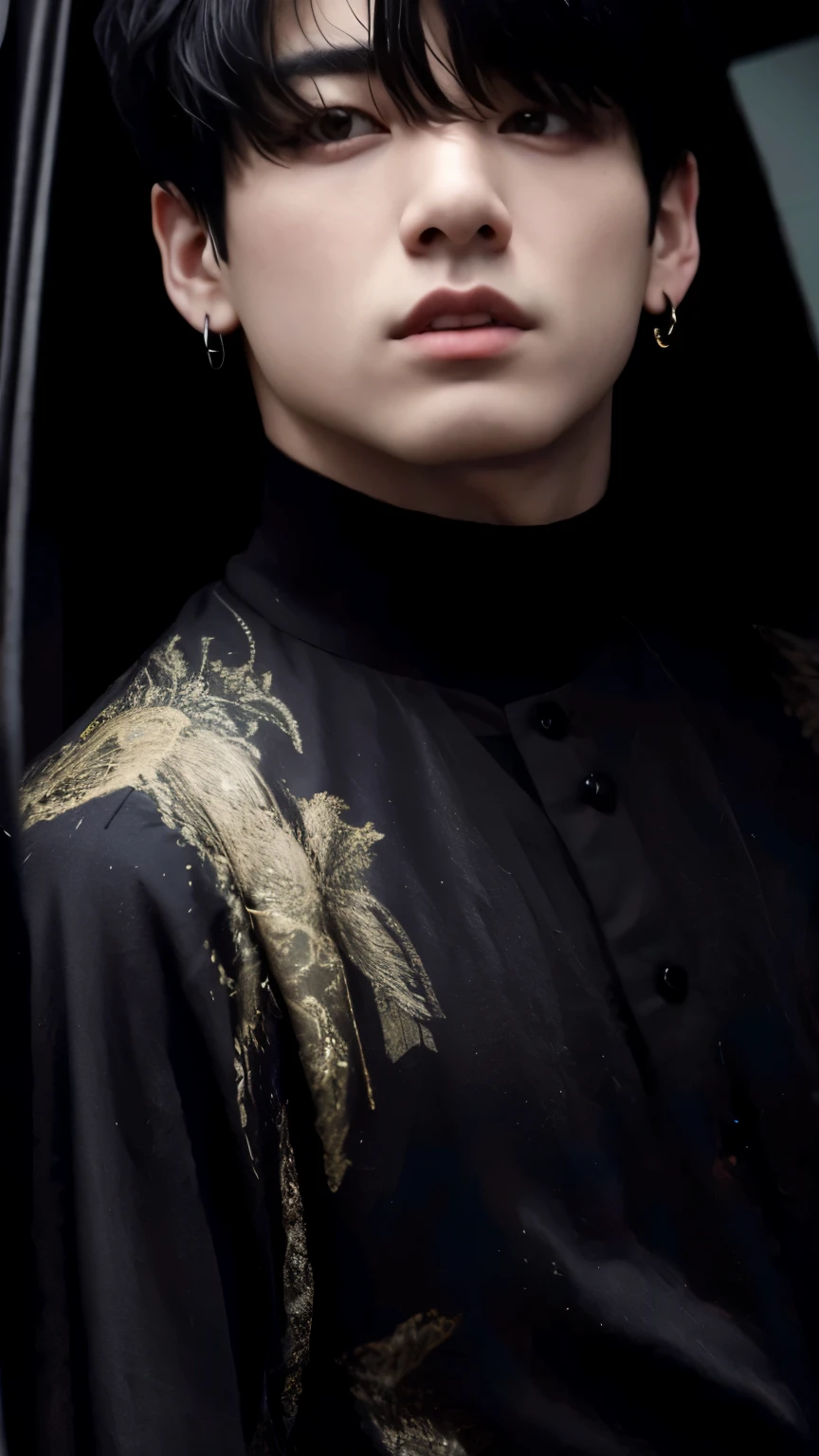 Um close de uma homem com cabelo preto e um colar, cruel orean goth boy, Corte de cabelo preto Hime, cabello blackbangs cabello, goth boy aesthetic, Ele tem cabelo preto com franja, Jeon Jungkook, detalhado, 1 Goth Anime Boy, Sui Ishida com cabelo preto, 🤤 retrato de menino, 1 20 year old goth boy, Penteado branco com corte hime, Jungkook,