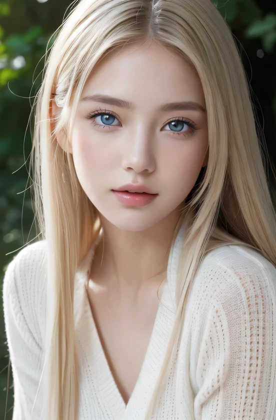 14Caucasian model at the age, full body photo,((Clean clothes)), white clothes, Natural light, Pretty Caucasian Woman, gray hair, lazy smile, (8K, Live shooting, highest quality, masterpiece: 1.2), masterpiece, Super detailed, ultra high resolution, (realistic and realistic photos: 1.37), High-definition RAW color photo, very delicate and beautiful, 非常にbe familiar with, 8k wallpaper, wonderful, be familiar with, 非常にbe familiar withな目, realistic skin texture, 非常にbe familiar withな指, 非常にbe familiar with nose, 非常にbe familiar withな口, , Photo above the knee, , See-through feeling、transparent processing、wearing a white sweater、, gray hair, blue eyes, masterpiece, realistic skin texture, 超be familiar with, shiny hair and white skin, 、 natural skin texture、Woman looking young、Photo above the knee、blue eyes、、、innocent face、gentle and big eyes、natural skin texture、round face、kind eyes、long white beautiful hair、、small face、No decorations included