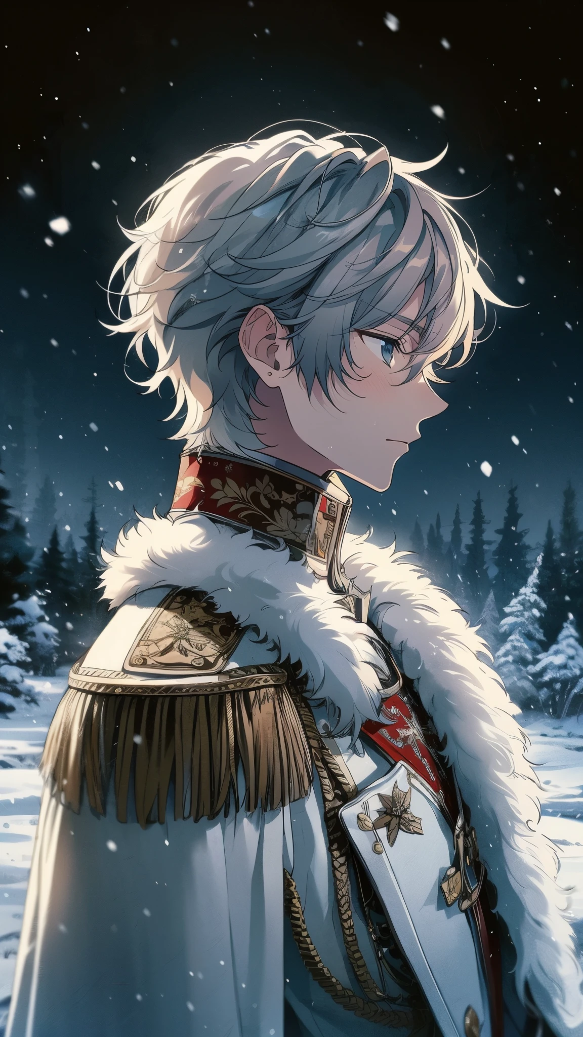 Platinum blonde hair, side-swept bangs, princely aura. White military-style jacket, gold and red trim, black chest emblem. Profile view, somber expression, head tilted downwards. Snowy backdrop, winter scene, snowflakes falling.