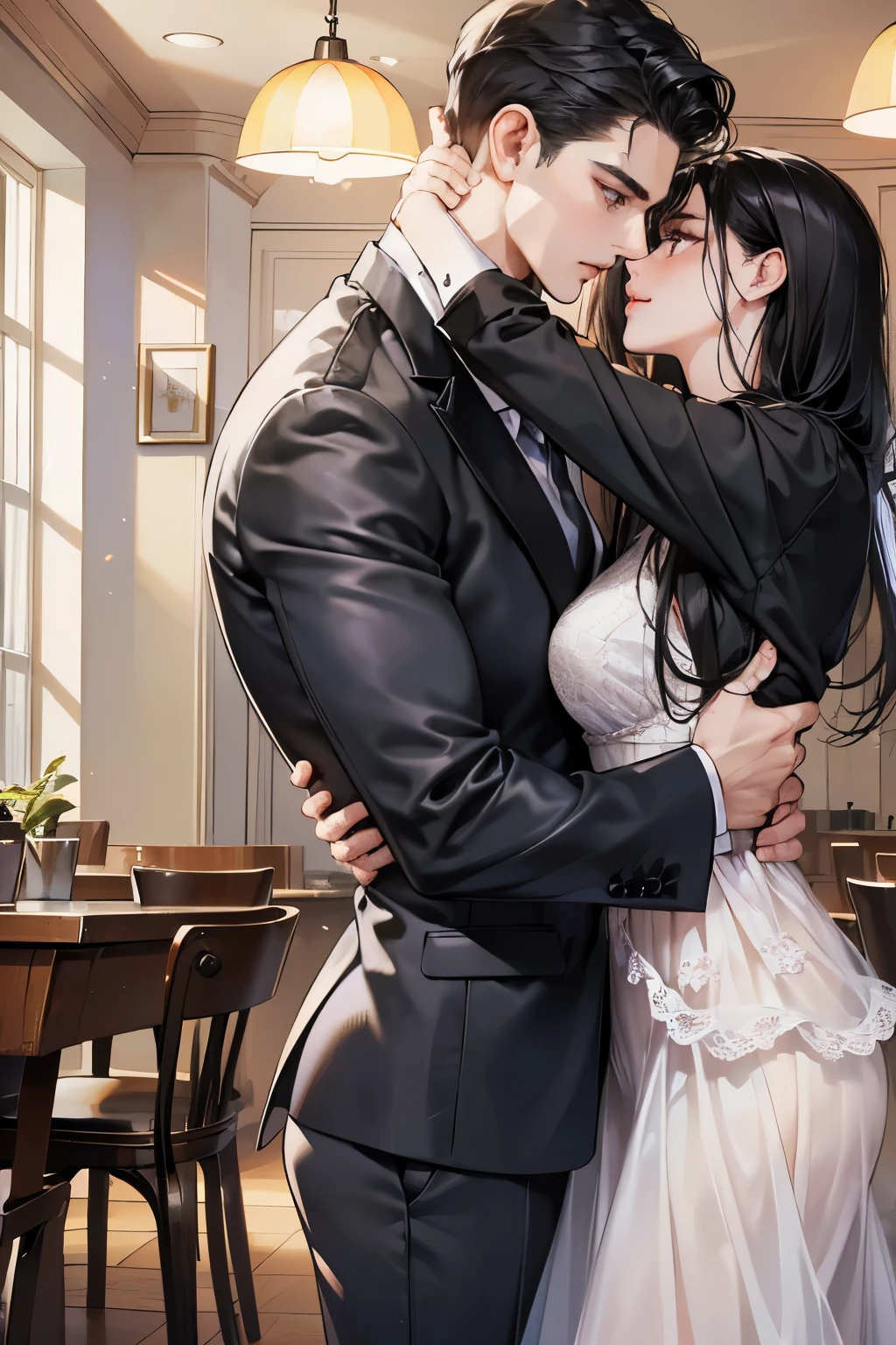 (table top, digital art, digital illustration, 4K, 8K, super detailed, beautiful images, clear image, realistic, RAW photo, perfect face, perfect lines, perfect eyes, soft lighting) 1 female, (long black hair,straight hair,Bullish gaze,beautiful woman,Solid makeup,23 year old female,small breasts:1.3),secretary, Two handsome men in suits, (human,Men in suits,muscular,Firm shoulder width,adult male,boyish hairstyle,british gentleman&#39;s style,A man in his 30s with a cool expression,28-year-old man with bright smile:1.2),Bright Western-style room、white wall、couple dancing、light