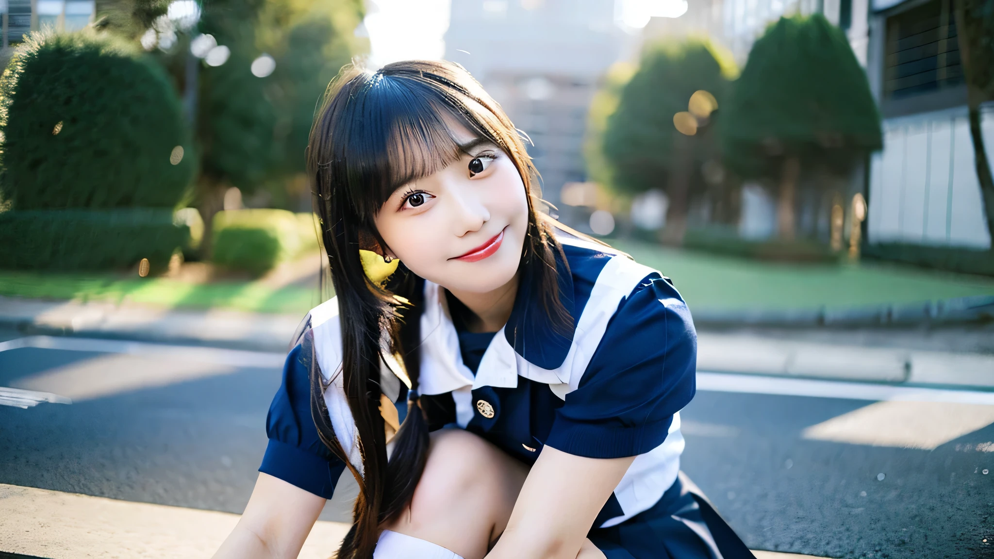 Kawaii High School Girl, 18-year-old, Wearing a navy blue miniskirt uniform,winter