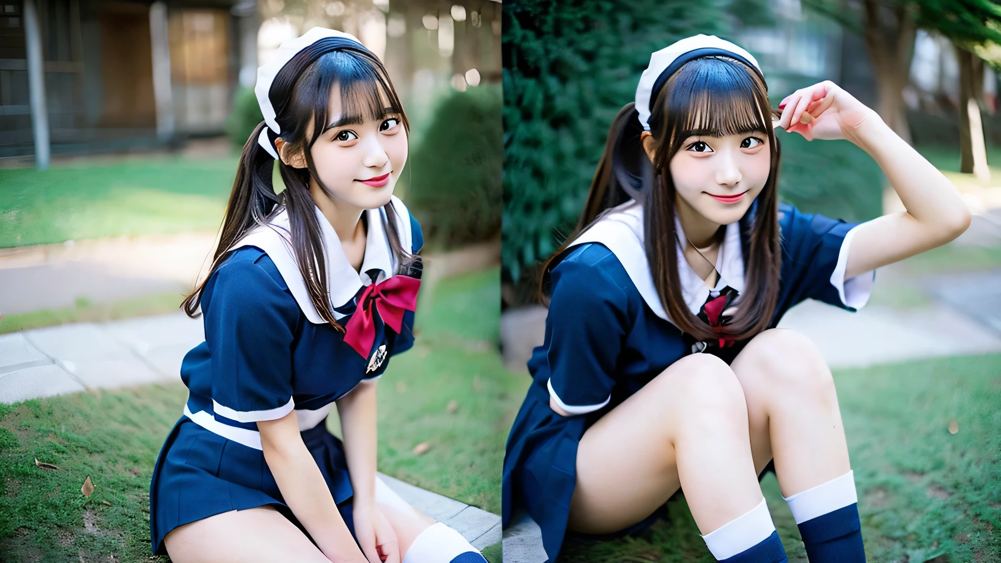 Kawaii High School Girl, 18-year-old, Wearing a navy blue miniskirt uniform,winter