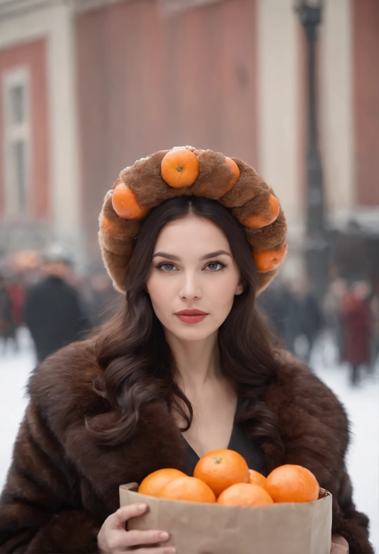 A dark hair with wavy chest-length hair in a USSR fur hat with a mink coat in her hands holds bagels and a net of tangerines behind her back Red Square Moscow snow winter