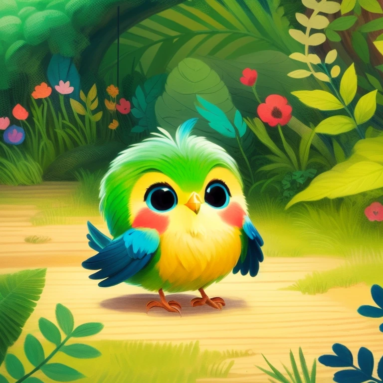 Cartoon bird in the jungle with birdhouse in the background, adorable digital paintings, cute detailed digital art, cute digital art, colorful illustrations for children&#39;s books, cute forest creature, illustrations for children&#39;s books, illustrations for children&#39;s books, cute colorful adorable, Rare birds of the jungle, illustrations for children&#39;s books, illustrations for children&#39;s books, childrenbook illustration, cute illustration, Cute picture book illustration、cute bird flying