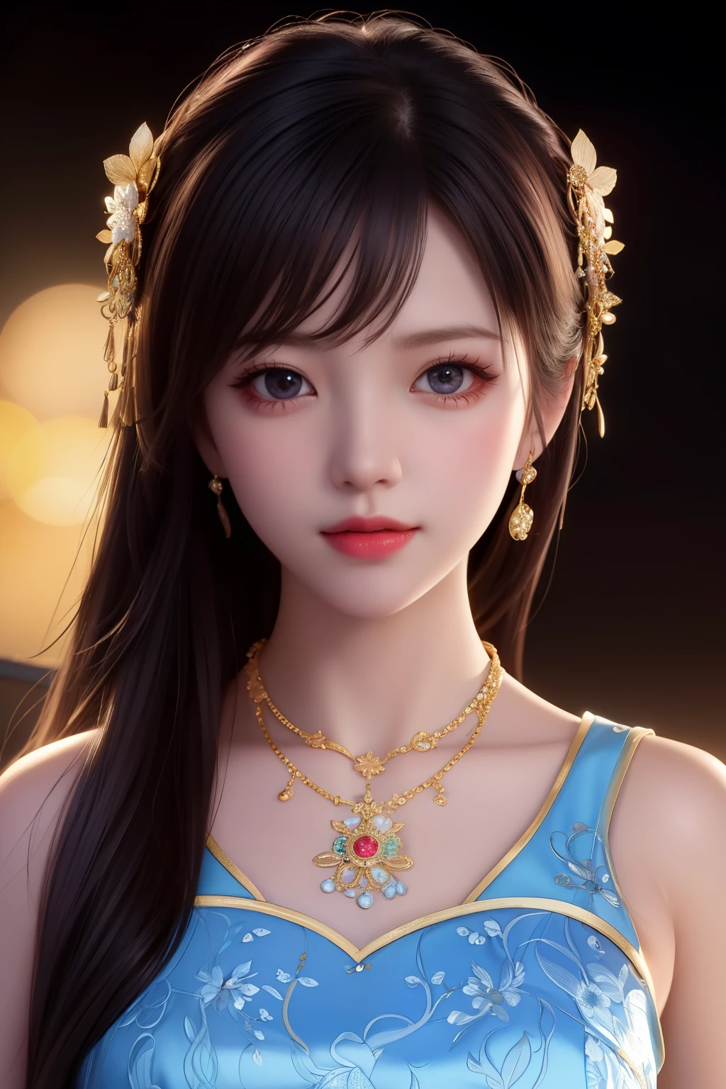 best quality, masterpiece, highres, 1girl,china dress,hair ornament,necklace, jewelry,Beautiful face,upon_body, tyndall effect,photorealistic, dark studio, rim lighting, two tone lighting,(high detailed skin:1.2), 8k uhd, dslr, soft lighting, high quality, volumetric lighting, candid, Photograph, high resolution, 4k, 8k, Bokeh