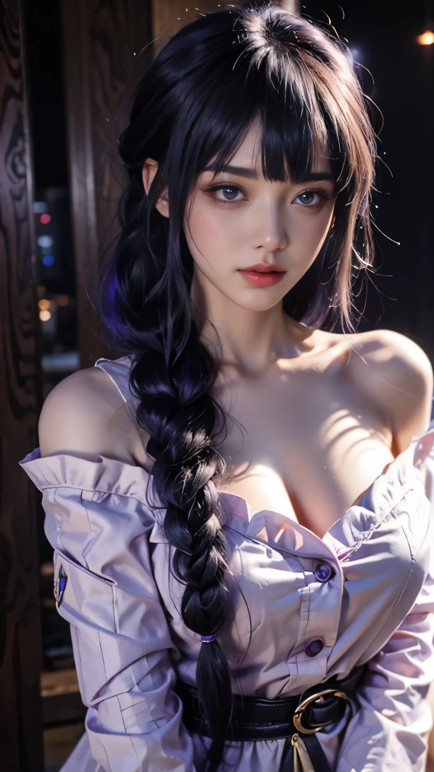 background（Black night sky，Big moon），Close-up of a woman，Wearing a white shoulder shirt、Purple hair，Very long hair，Very thick braids，purple eyes，big tits， Realistic girl rendering, 8k artistic german bokeh, Seductive girl, realistic young girl, Gurwitz, Gurwitz-style artwork, Girl role play, Realistic 3D style, Popular topics on cgstation,, 8K portrait rendering,（fidelity，fidelity：1.4），Wear pink pajamas，超级巨big ，Deep cleavage ，sparkling eyes，purple eyes