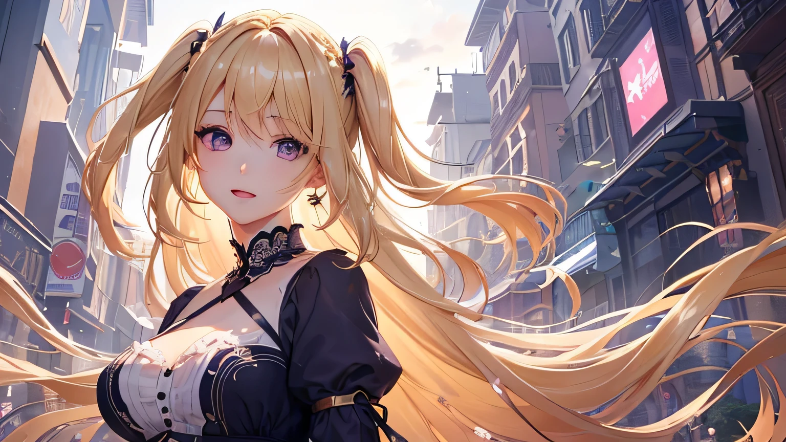 1 girl,Depp's Sense,confused,catch light,Super beautiful illustration,(beautiful blonde,Double-sided up hairstyles:1.3),landscape,turn around,;d,beautiful and delicate flowing hair,delicate and detailed purple eyes,emphasized chest