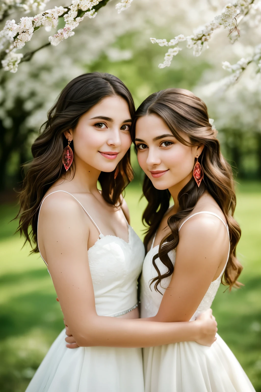 Lesbians in intimate moment, capturing the essence of love and connection, high-definition portrait, two beautiful women with soft, wavy brunette hair cascading down their shoulders, gazing deeply into each other's eyes, intimate lighting illuminating their features, detailed texture of their porcelain skin, subtly blushing cheeks, bold lip color, intricately detailed earrings, and expressive, sharply defined facial features, soft focus, low depth of field, 35mm film grain texture adding to the raw, authentic feel, stunning springtime background, bursting with vibrant colors and rich details, the warmth of their bodies contrasting against the cool backdrop, a testament to the