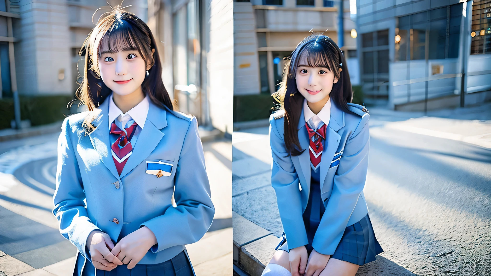 cute high school girl, 18-year-old, Wearing a light blue miniskirt uniform,winter