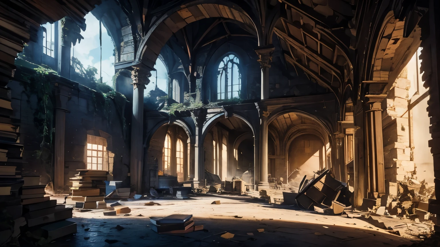 Masterpiece, high quality, large spacious library, one hundred foot tall ceiling, archways, abandon building, old rustic library, underground, no windows, large room, ruined books, debris, trashed, rumble, broken walls, in cave, omnious light, ((at night)), stars, moon light,