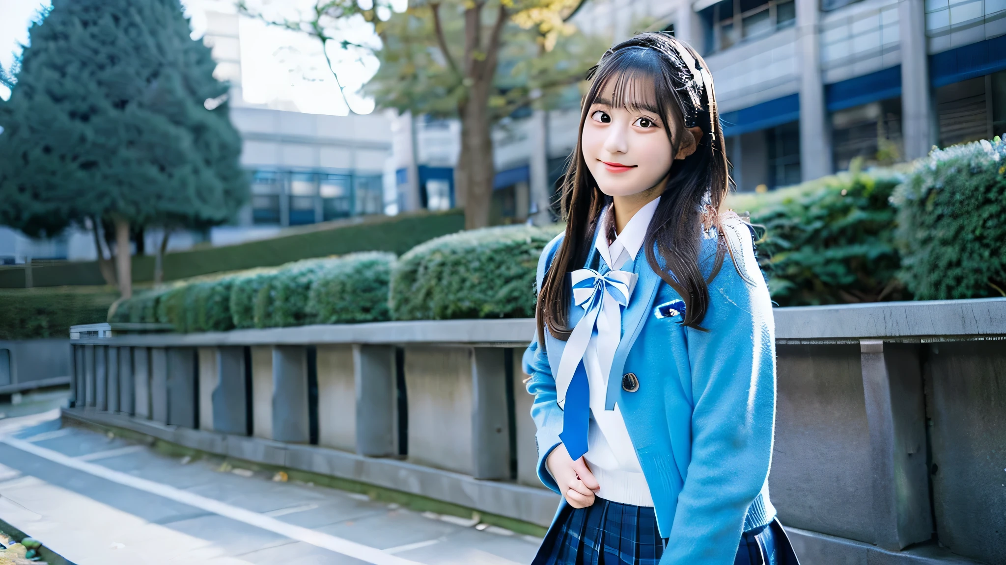 Kawaii High School Girl, 18-year-old, Wearing a light blue miniskirt uniform,winter