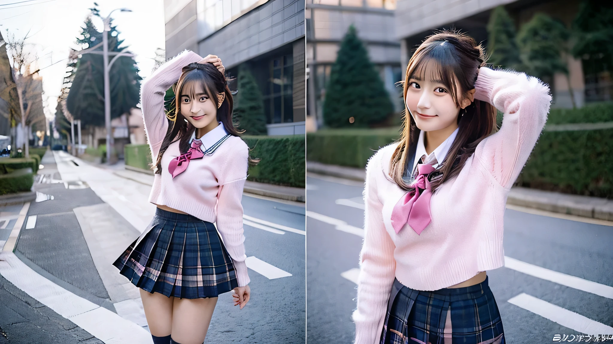 Kawaii High School Girl, 18-year-old, Wearing a pink miniskirt uniform,winter
