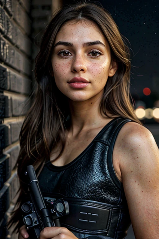 , natural skin texture, 24mm, 4K textures, soft cinematic light, adobe lightroom, Photo lab, Human development report, complicated, superb, Very detailed, Intense focus, ((((cinematic look)))), soothing tones, Crazy details, complicated details, Excessive detail, low contrast, soft cinematic light, Subdued colours, Exposure mix, Human development report, Fadha wears black, has brown hair that reaches only her shoulder, wide brown eyes, light freckles, a small nose, and a beautiful mouth. She stands behind the wall of a building, with police car lights behind her, and she is holding a gun.