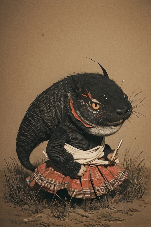 ((jumpscare)), Outline warm color, ((festival)), ((Chojugiga)), ((Shihon Bokuga)), antique, (anthropomorphism), (Sumi-e), Monochrome art, (Old paper style illustration), (hunting paintingural style, Little monster, old performance, variational pointillism, flat illustration, eerie, horror elements, eerie worldview, (primitive art), Outline warm color, old picture scroll style, old staging, Ancient mural style